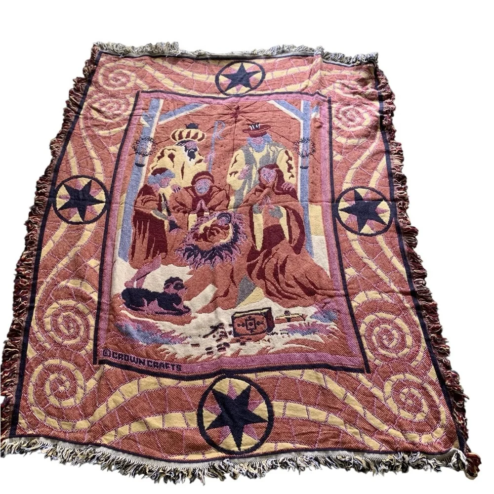 Nativity Scene Tapestry Knit Fringe Trim Throw Blanket Holiday Christmas